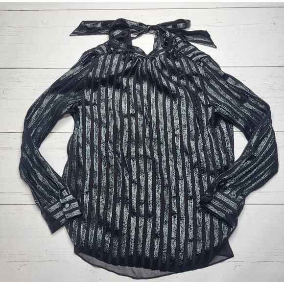 J.Crew Metallic Silk Blend Chiffon Mock Neck Top Black Stripe Tie Shirt Medium - Picture 3 of 9